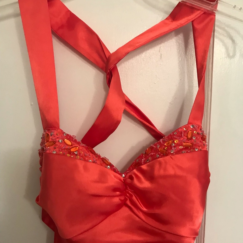 Satin silk beaded prom dress. Salmon orange